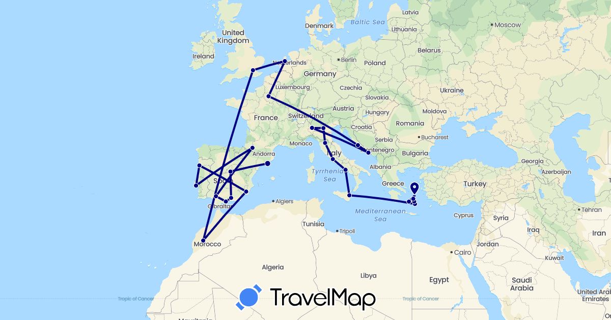 TravelMap itinerary: driving in Spain, France, United Kingdom, Greece, Croatia, Italy, Morocco, Netherlands, Portugal (Africa, Europe)